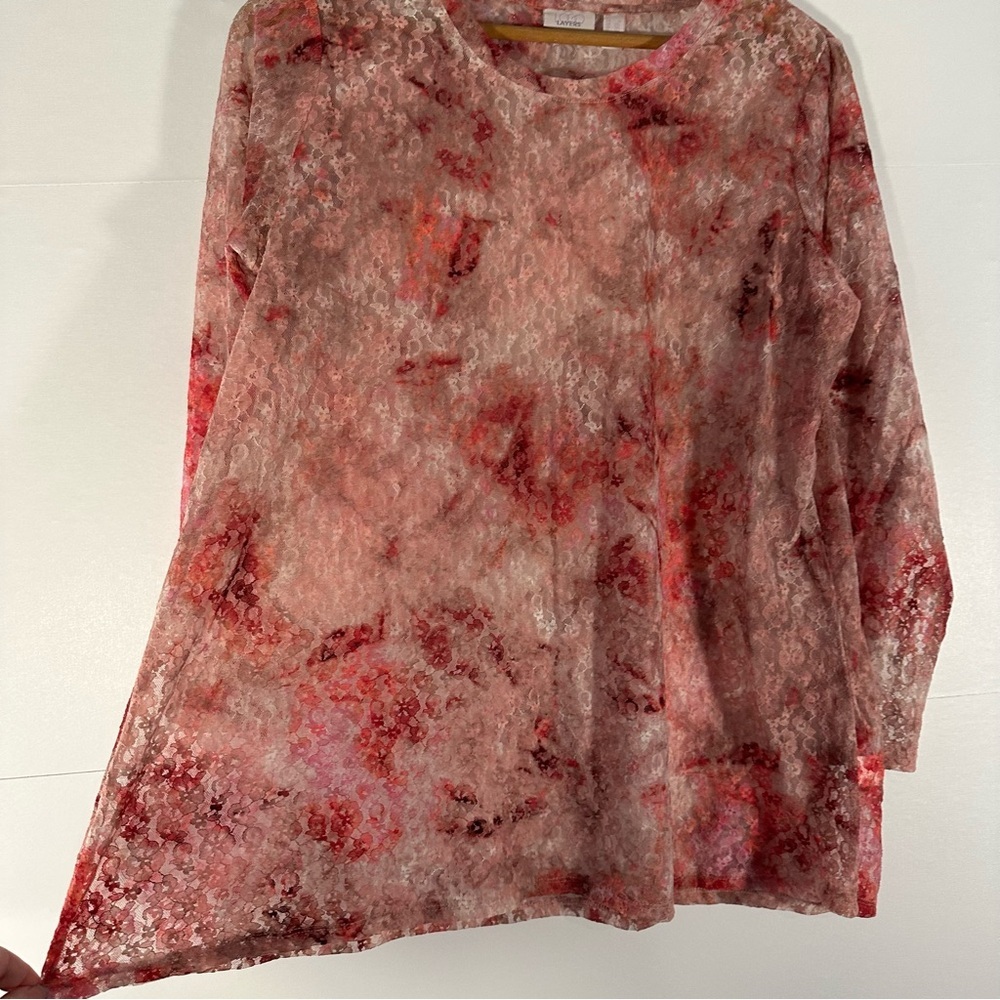 Romantic Pink and Red Sheer Floral Lace Women's Blouse - Picture 3 of 8